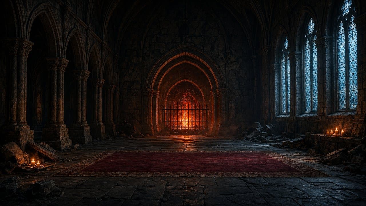 Concept art of Ember Sanctum, a gothic hall lit by a fire behind iron bars