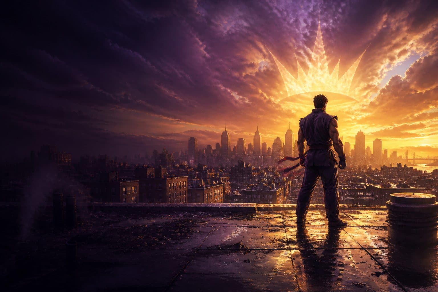 A Solo Rise fighter on a rain-soaked rooftop, facing the city at sunrise